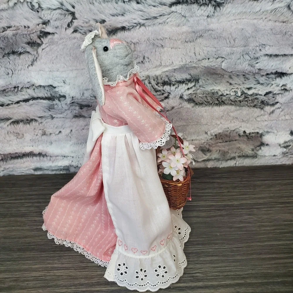 Decorative Country Bunny In Dress Apron Hokding‎ Basket Of Flowers